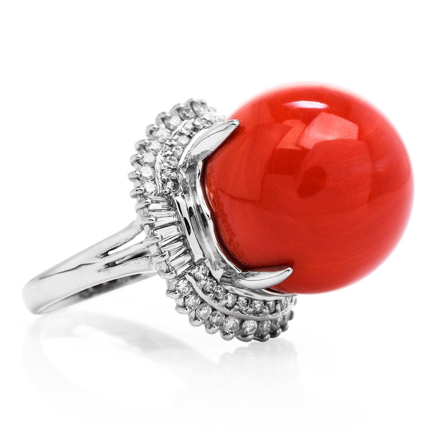 Bead Estate GIA Natural Red Coral Diamond Halo Platinum Cocktail Ring For Sale