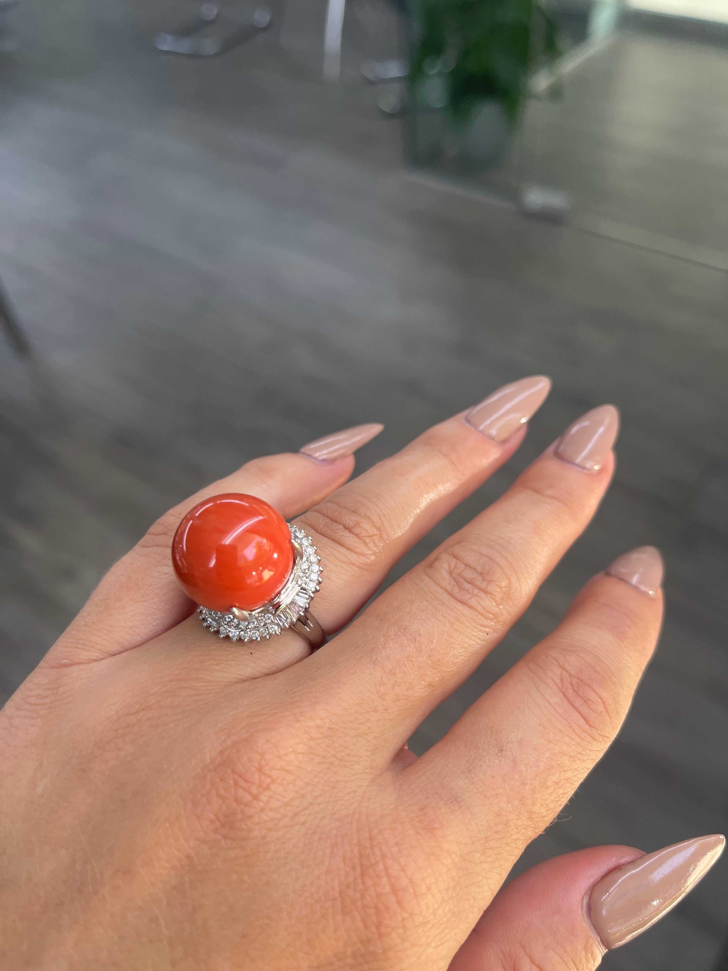 Estate GIA Natural Red Coral Diamond Halo Platinum Cocktail Ring In Excellent Condition For Sale In Miami, FL