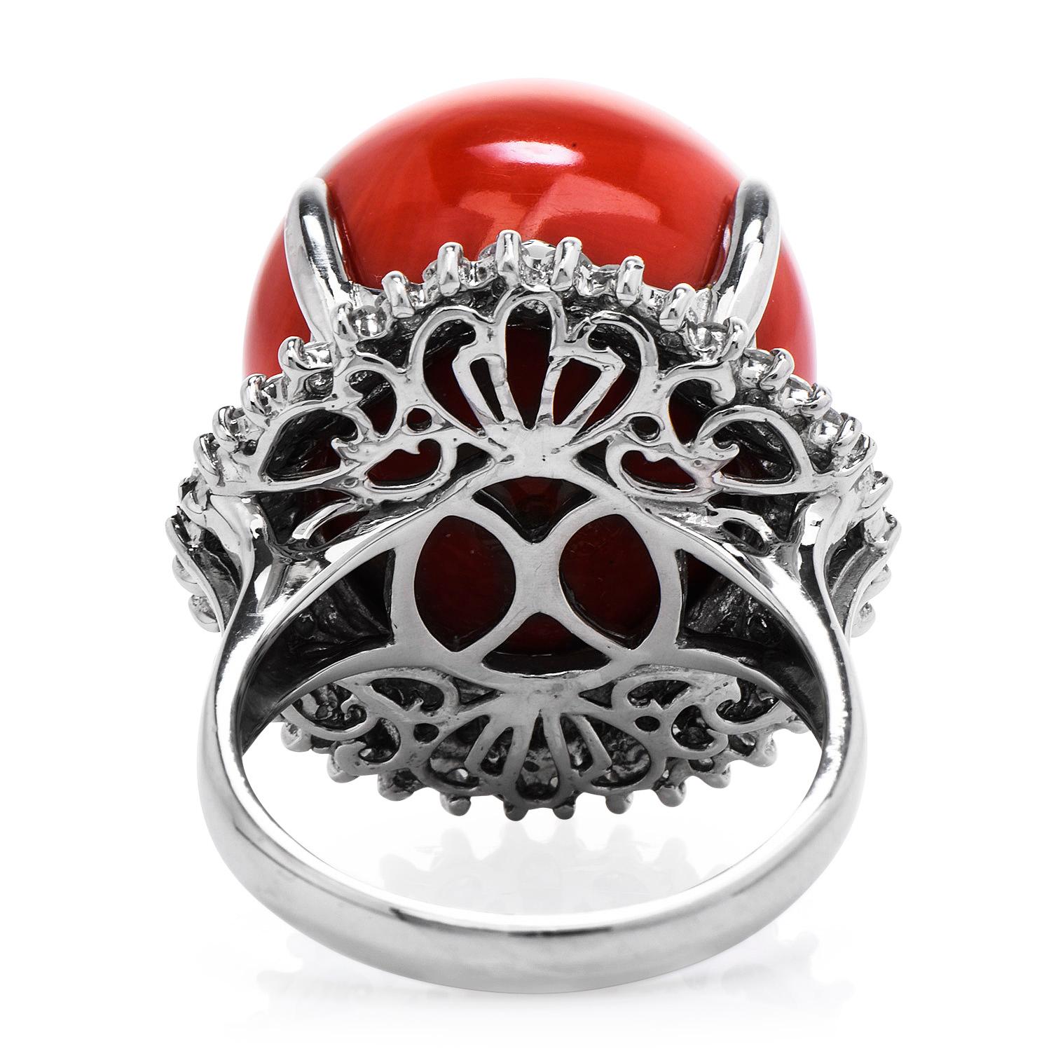 Women's Estate GIA Natural Red Coral Diamond Halo Platinum Cocktail Ring For Sale