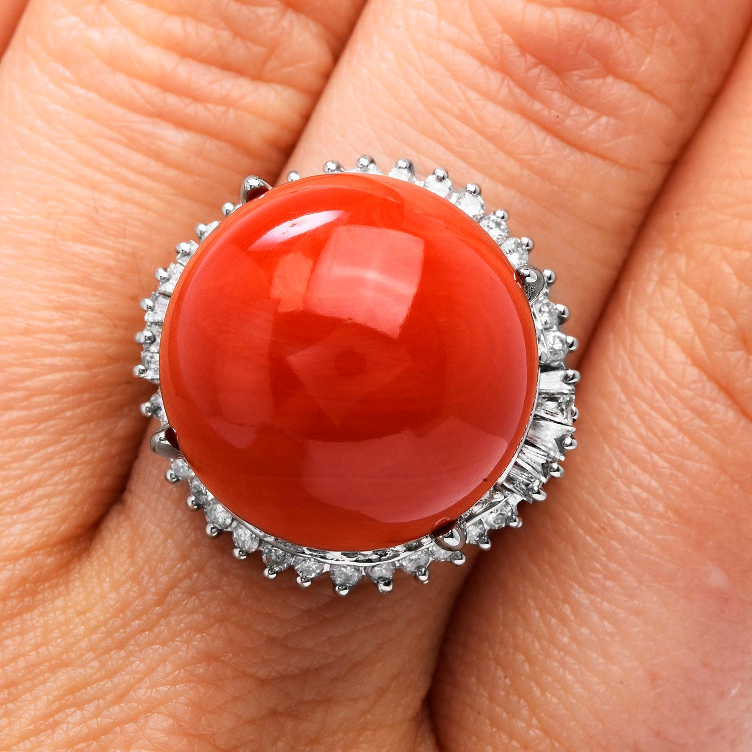 Estate GIA Natural Red Coral Diamond Halo Platinum Cocktail Ring For Sale 1