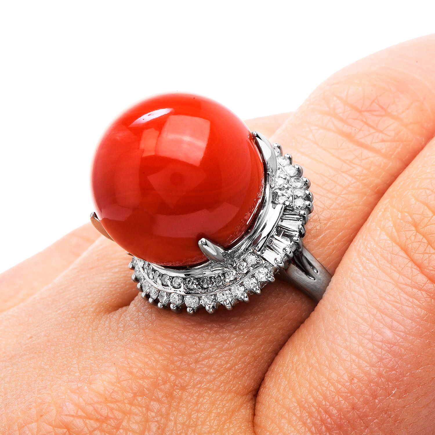 Estate GIA Natural Red Coral Diamond Halo Platinum Cocktail Ring For Sale 2
