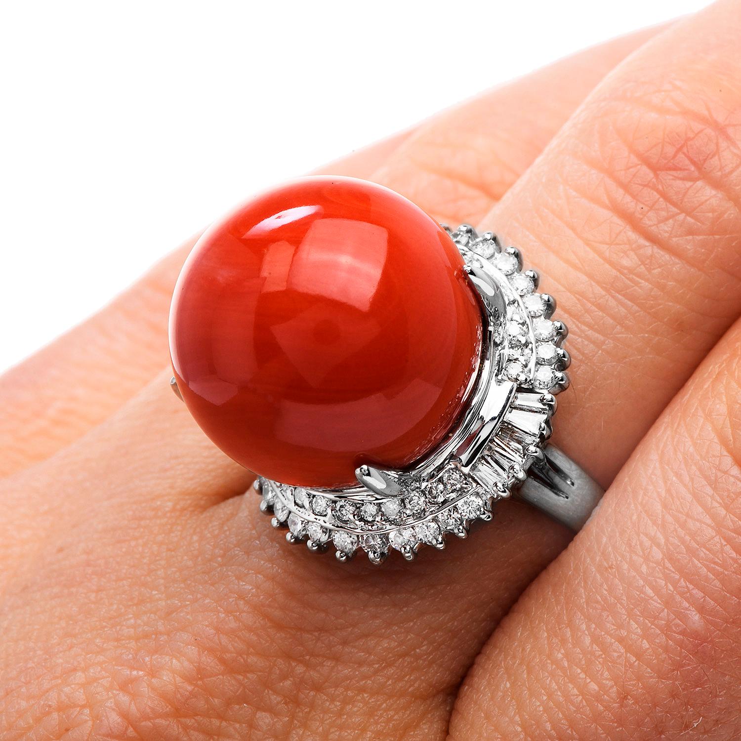 Estate GIA Natural Red Coral Diamond Halo Platinum Cocktail Ring For Sale 3