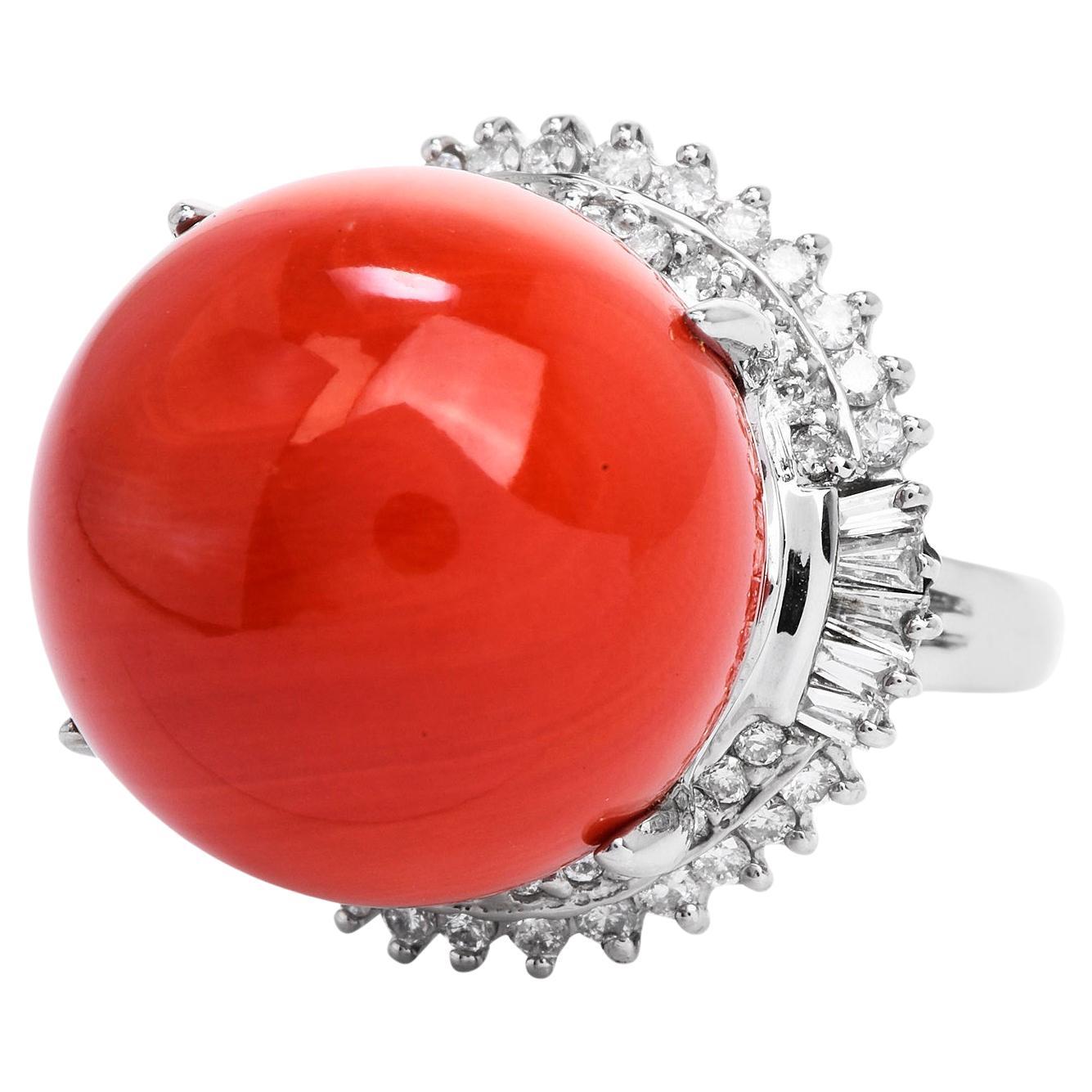 Estate GIA Natural Red Coral Diamond Halo Platinum Cocktail Ring For Sale