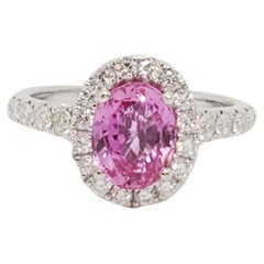 Estate GIA Pink Sapphire Oval and White Diamond Cocktail Ring in 18k White Gold