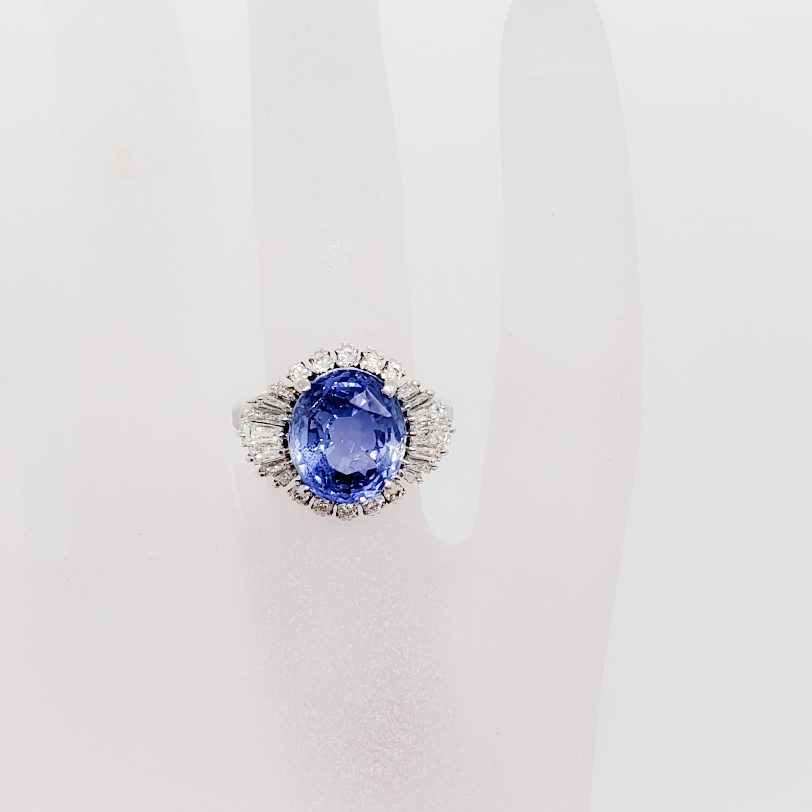 Oval Cut Estate GIA Sri Lanka Blue Sapphire and White Diamond Cocktail Ring in Platinum