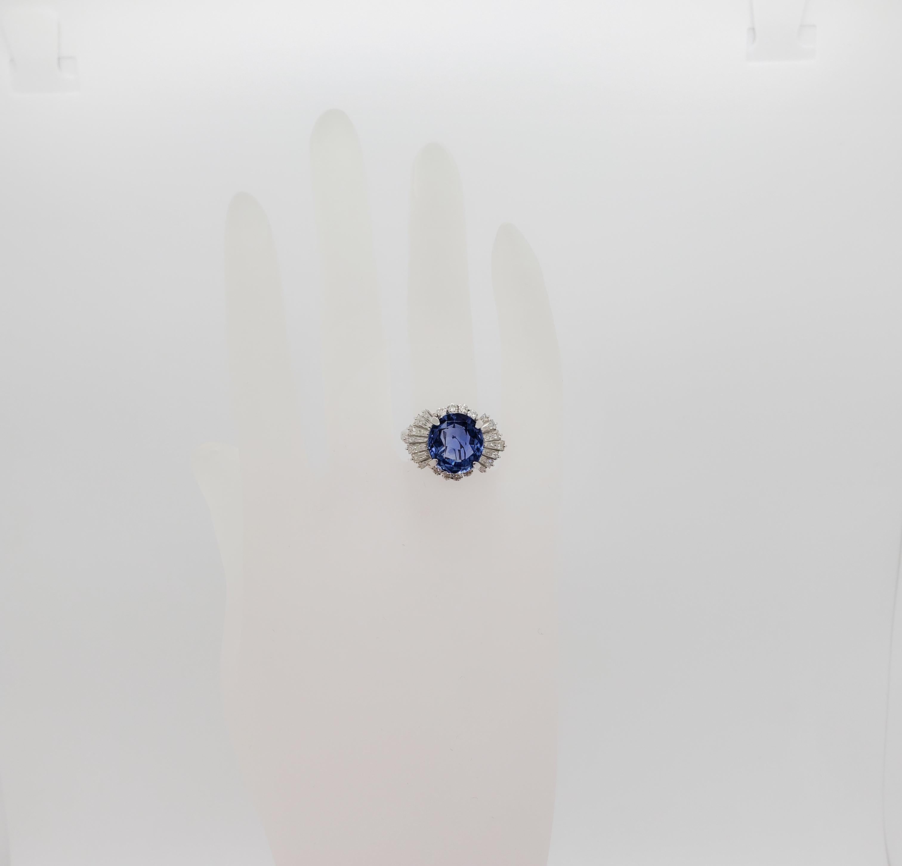 Oval Cut Estate GIA Unheated Blue Sapphire Oval and White Diamond Cocktail Ring