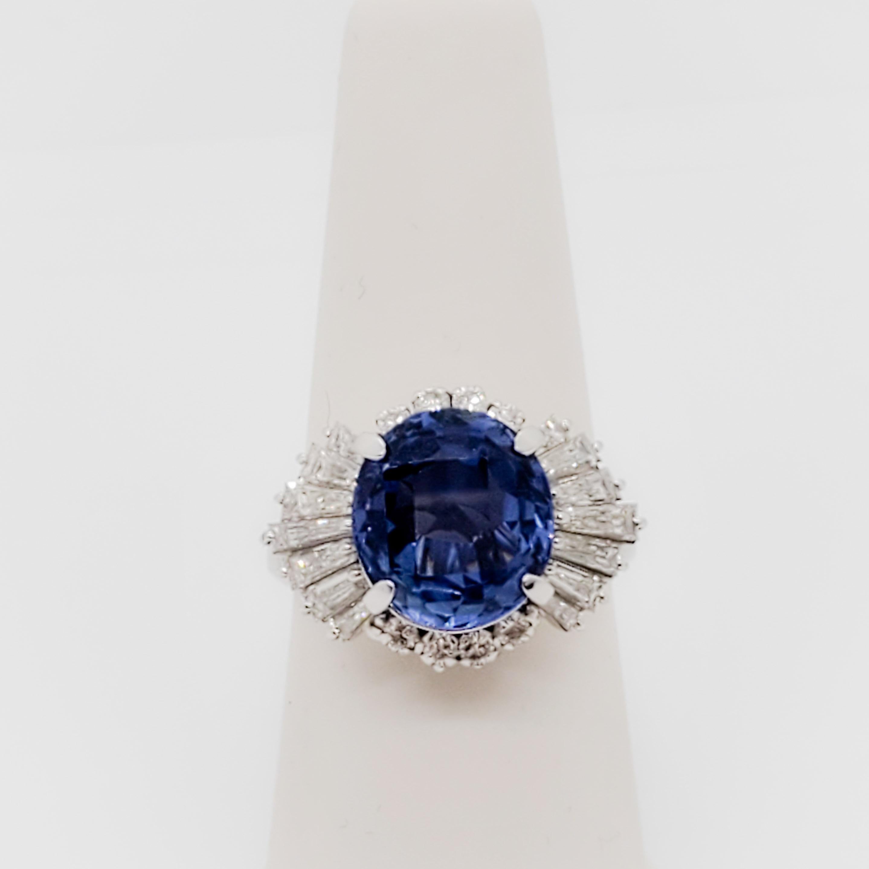Women's or Men's Estate GIA Unheated Blue Sapphire Oval and White Diamond Cocktail Ring