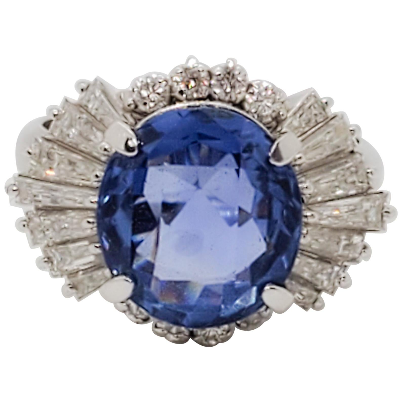 Estate GIA Unheated Blue Sapphire Oval and White Diamond Cocktail Ring