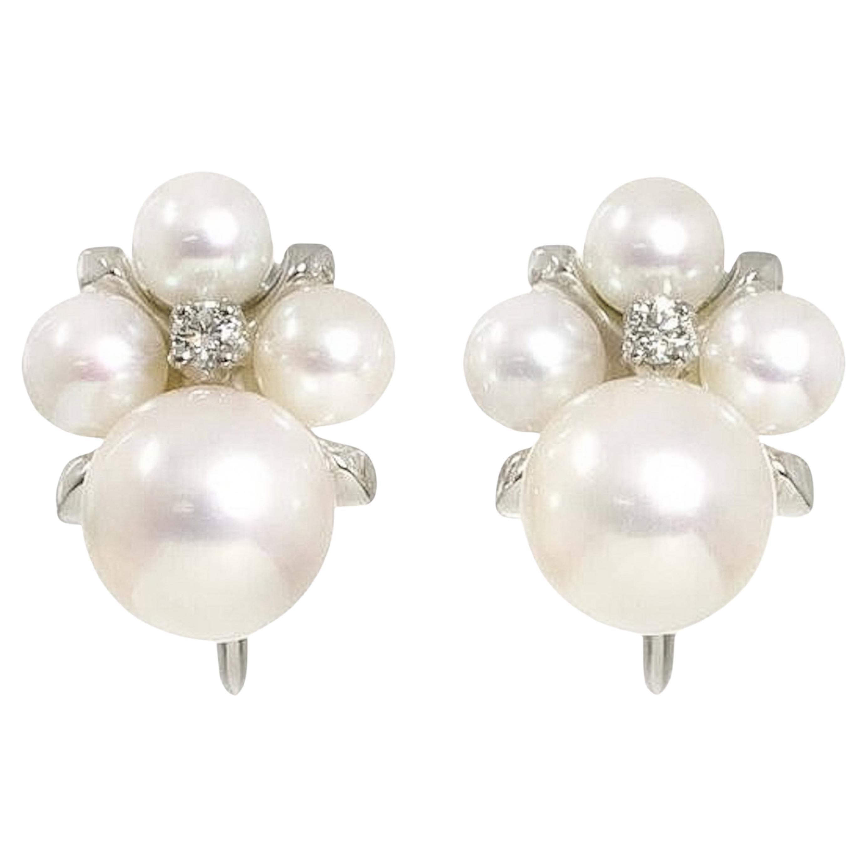 Estate Giant Mikimoto Akoya Pearl Diamond Screw Back Bubble Earrings in 18K Gold For Sale