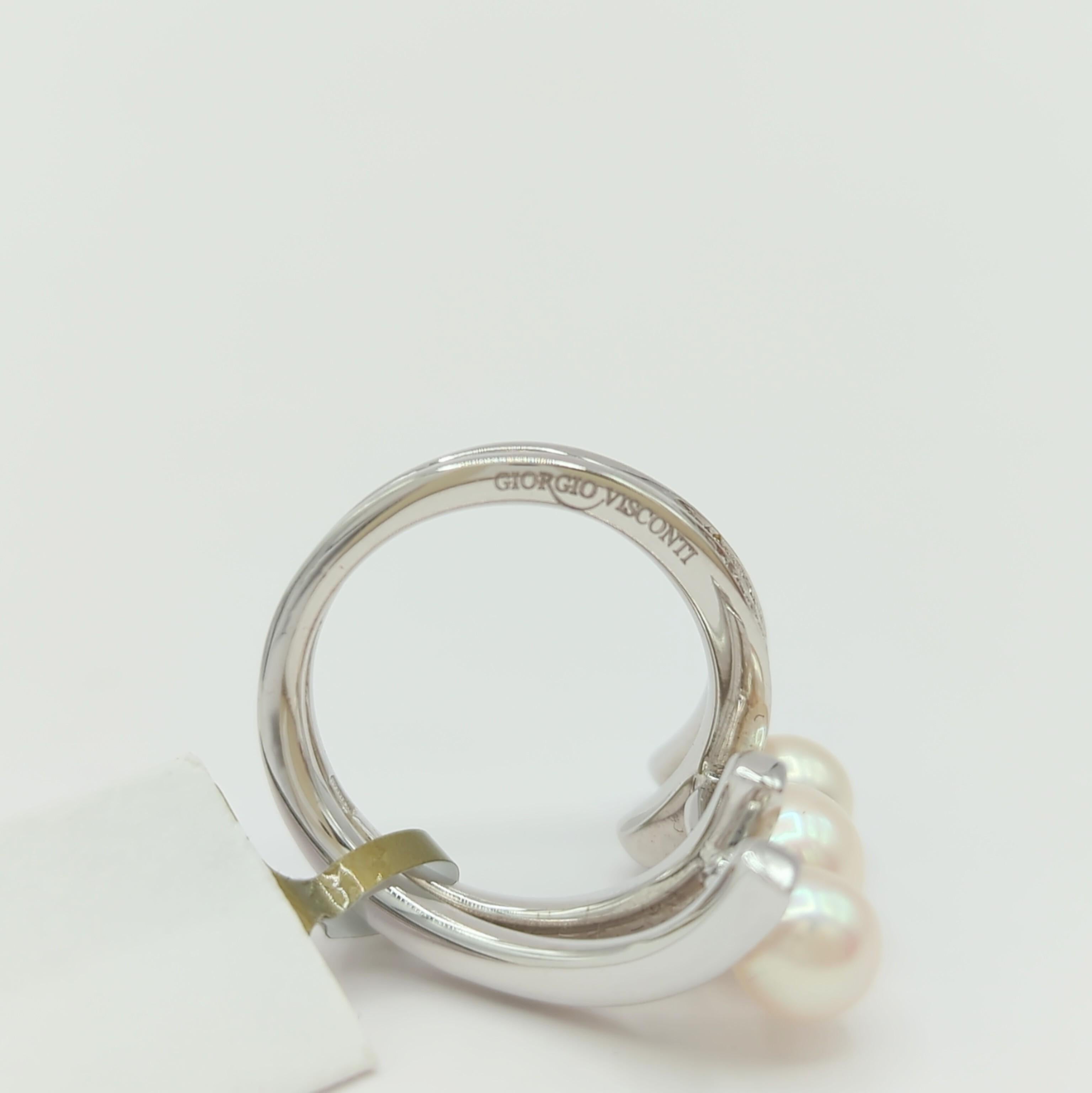 Estate Giorgio Visconti White Akoya Pearl and Diamond Ring in 18K White Gold For Sale 1