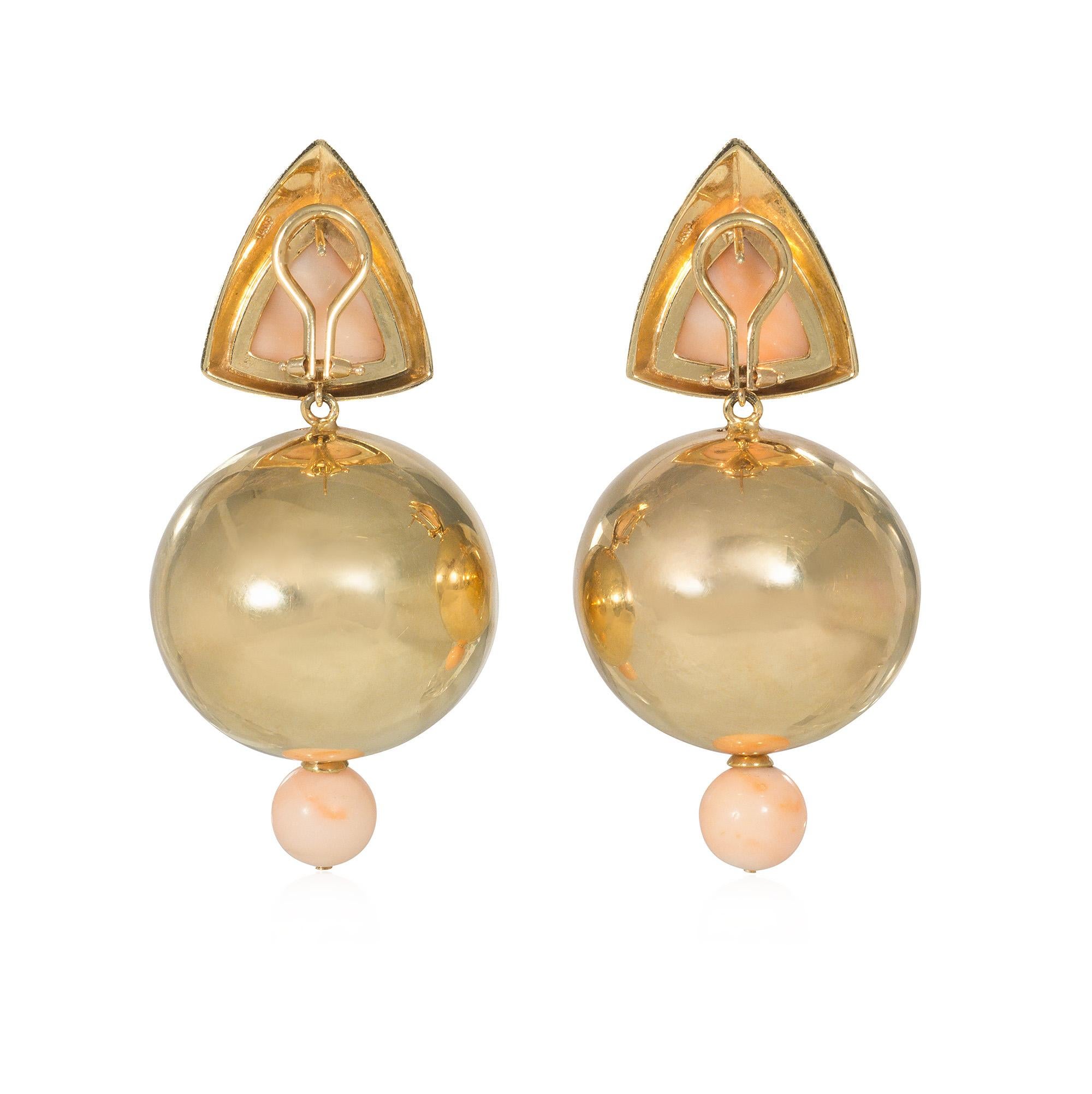 Modernist Estate Gold and Angel Skin Coral Earrings of Geometric Motifs with Ball Pendants For Sale
