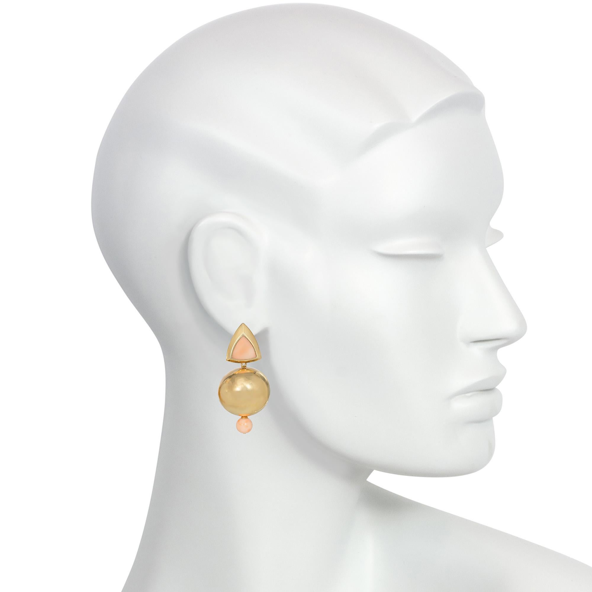 Bead Estate Gold and Angel Skin Coral Earrings of Geometric Motifs with Ball Pendants For Sale