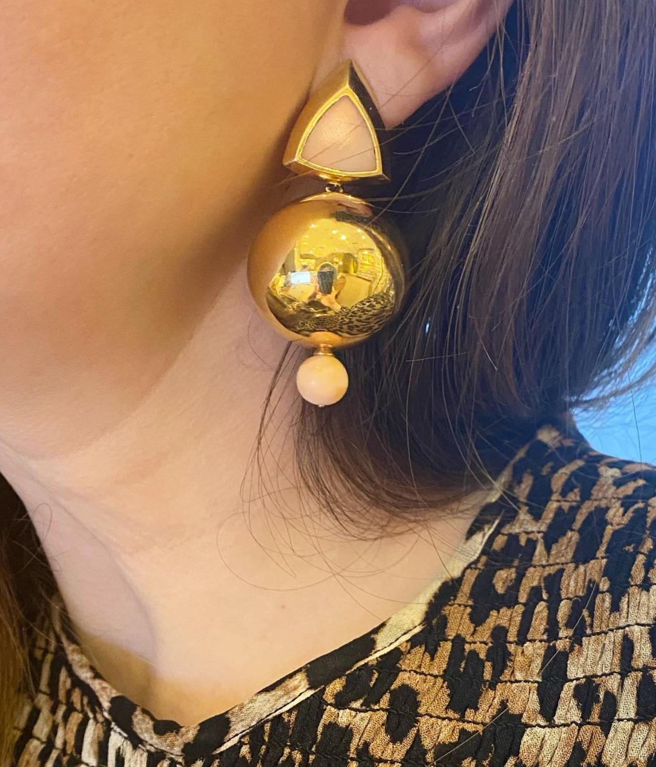 Estate Gold and Angel Skin Coral Earrings of Geometric Motifs with Ball Pendants In Good Condition For Sale In New York, NY