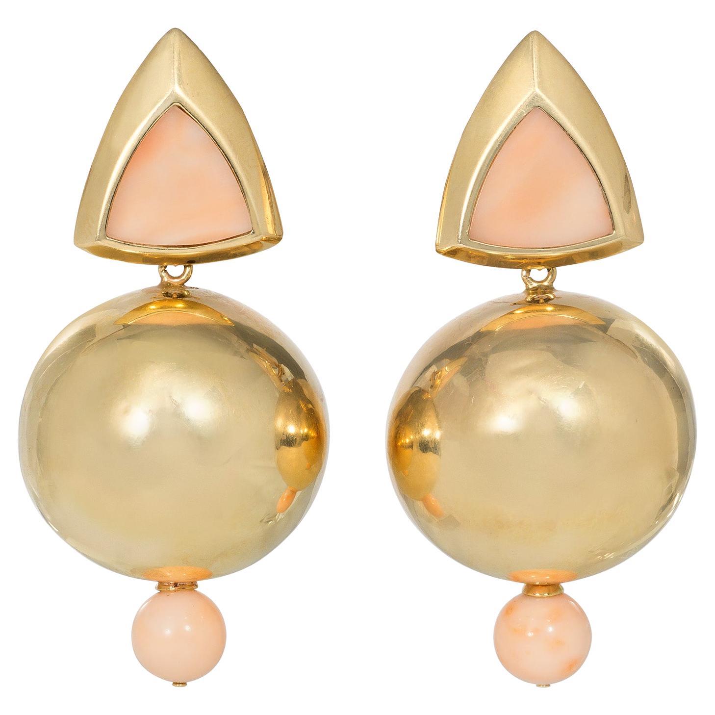 Estate Gold and Angel Skin Coral Earrings of Geometric Motifs with Ball Pendants