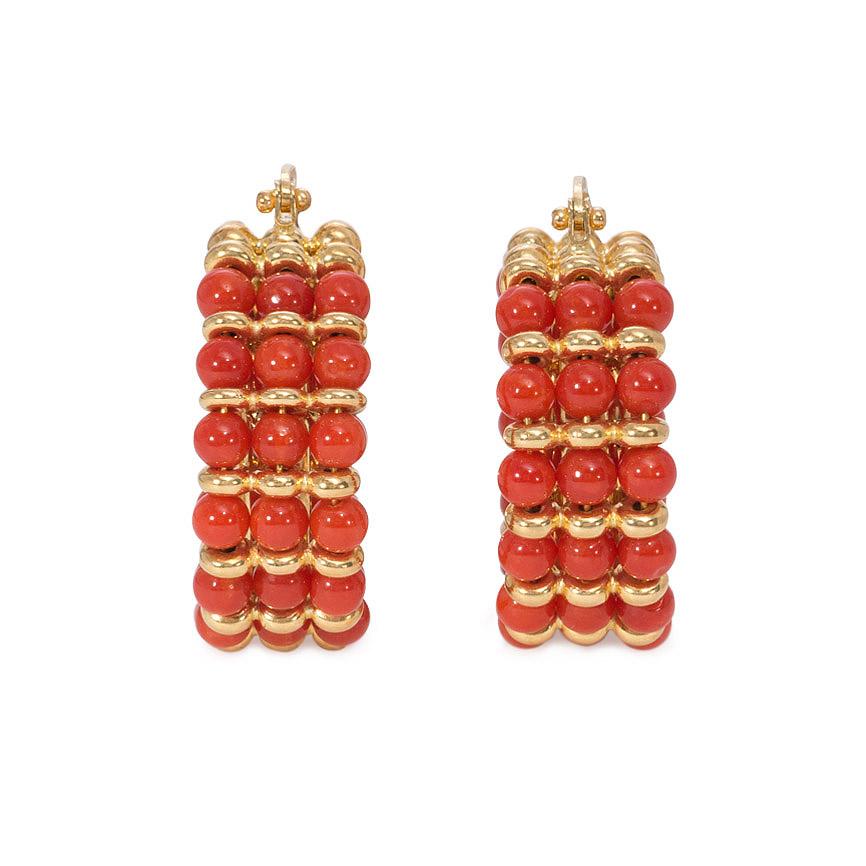 A pair of alternating gold and coral bead earrings of hoop design, in 18k. Naples, Italy