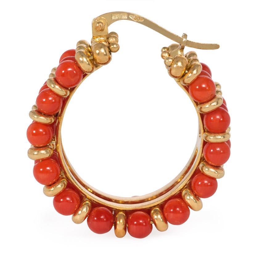 Contemporary Estate Gold and Coral Bead Hoop Earrings, Italian