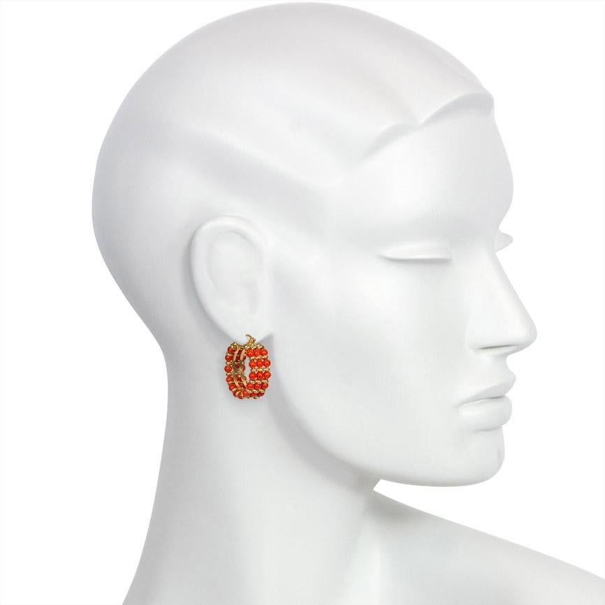 Estate Gold and Coral Bead Hoop Earrings, Italian In Excellent Condition In New York, NY