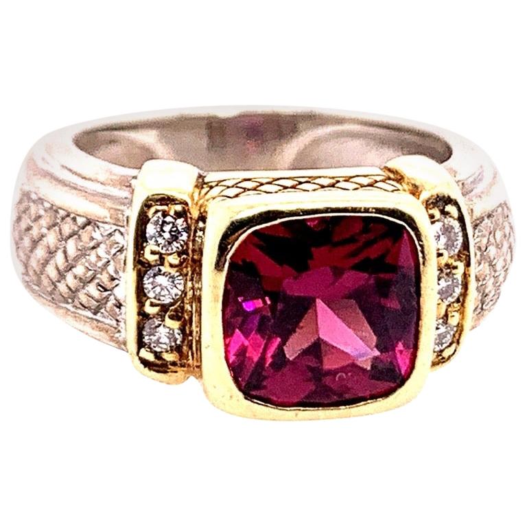 Judith Ripka Natural Diamond and 8mm Cushion Grape Garnet Cocktail Estate Ring For Sale