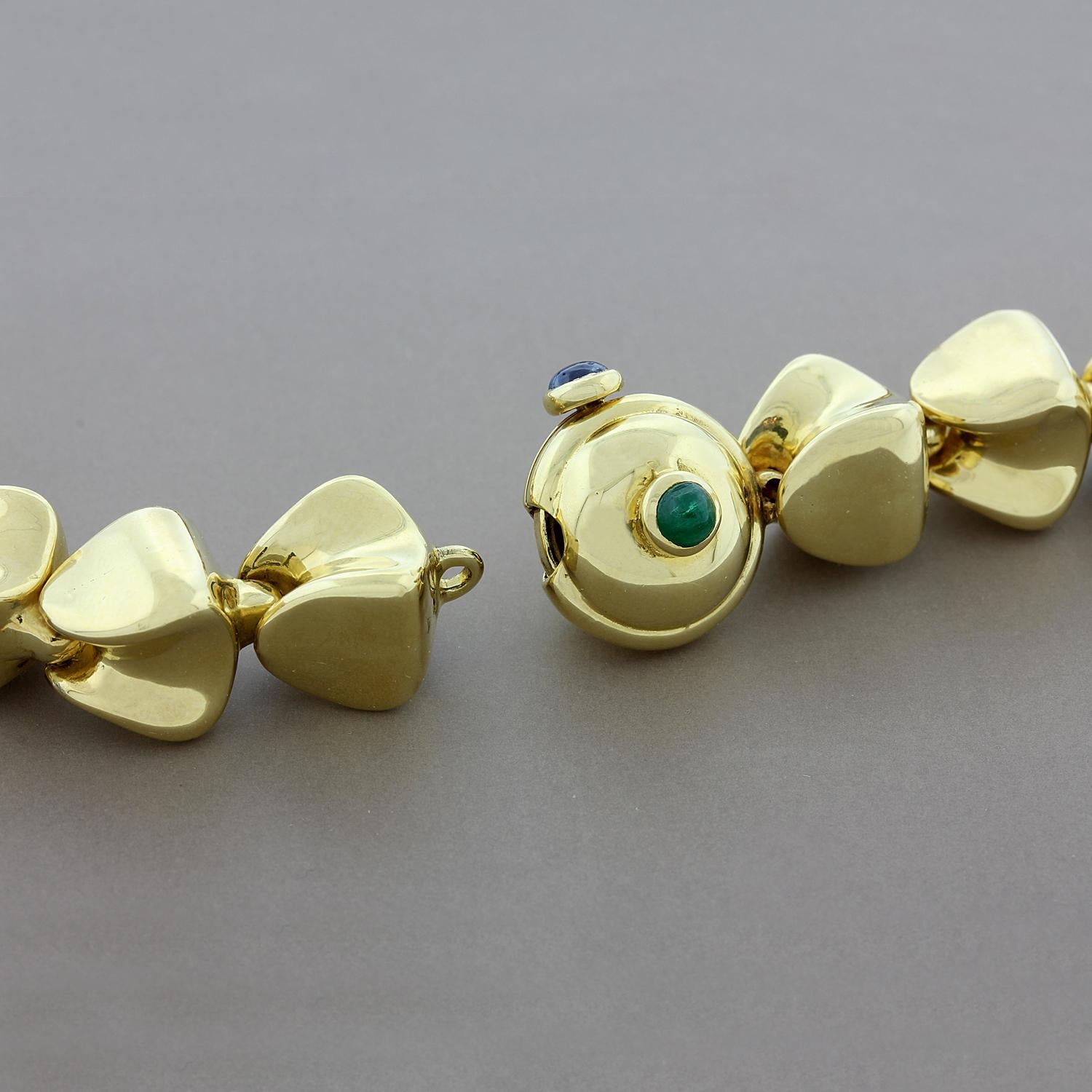 Estate Gold Shell Style Ruby Emerald Sapphire Necklace In Excellent Condition In Beverly Hills, CA