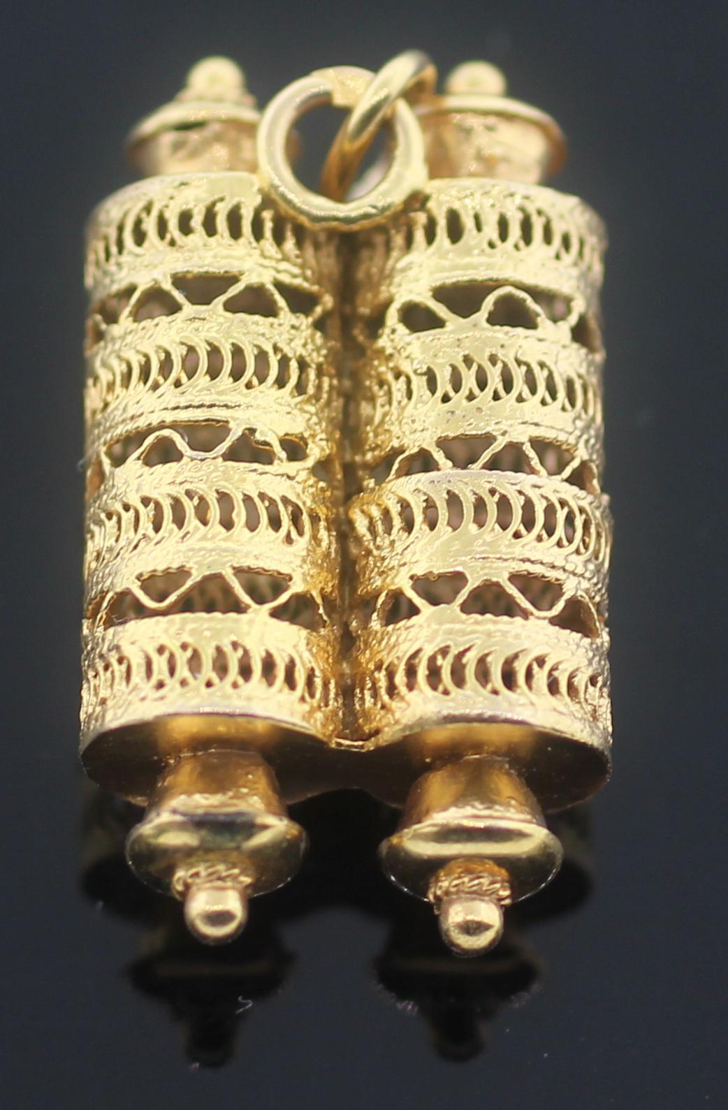 gold mezuzah pendant with scroll