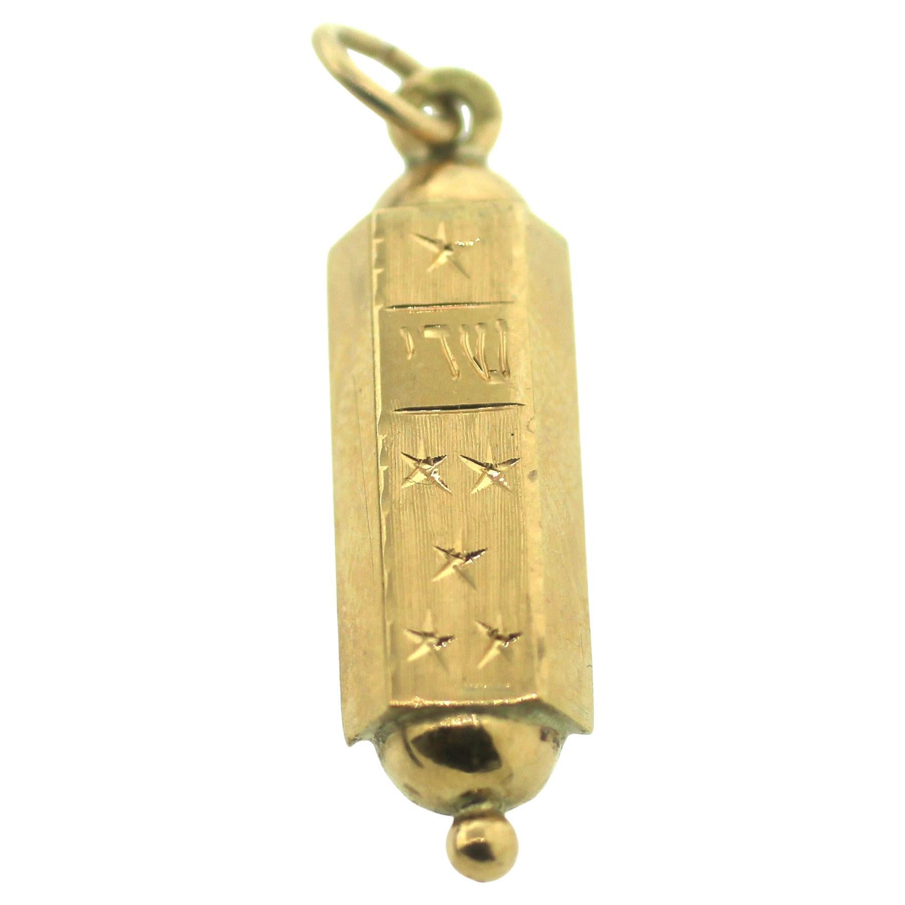 Estate Golden Jewish Mezuzah Pendant Judaica Charm Necklace For Sale