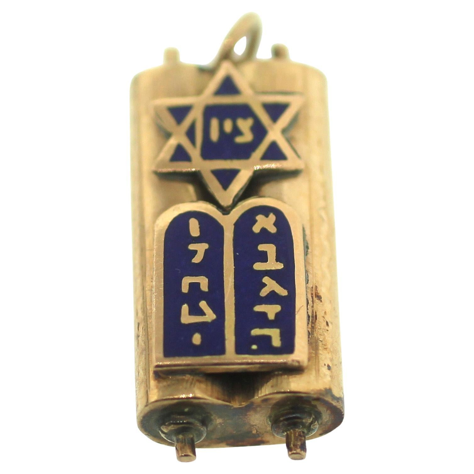 Estate Golden Jewish Mezuzah Pendant Judaica Charm Necklace For Sale