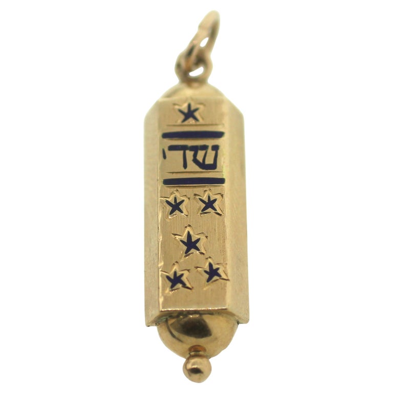 Estate Golden Jewish Mezuzah Pendant Judaica Charm Necklace For Sale at