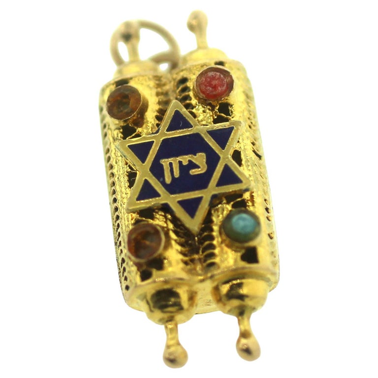 Estate Golden Jewish Mezuzah Pendant Judaica Charm Necklace For Sale at