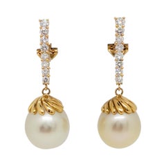Estate Golden Pearl and White Diamond Dangle Earrings in 18k Yellow Gold