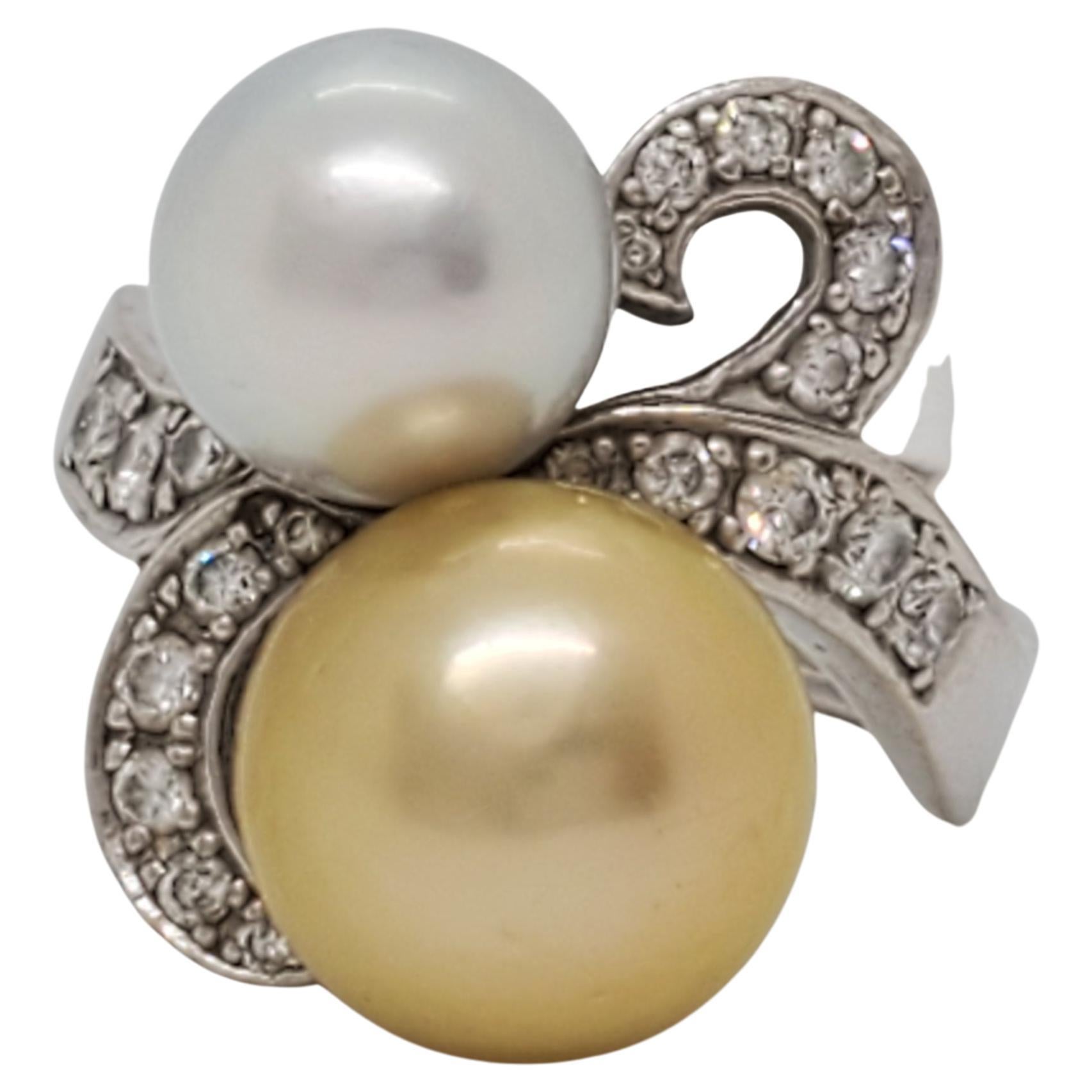 Estate Golden Pearl, South Sea White Pearl and Diamond Cocktail Ring in 18k