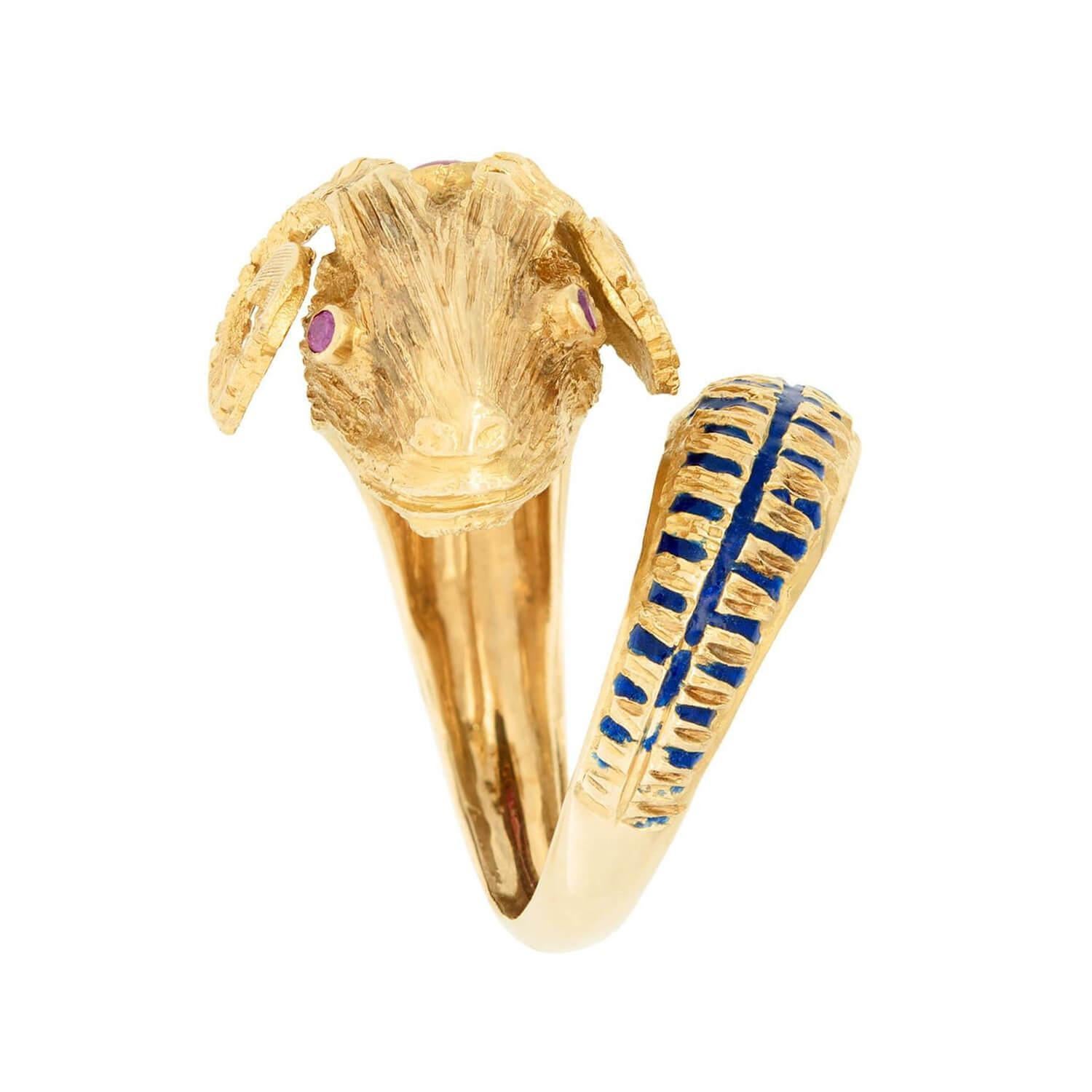 Contemporary Estate Greek 18k Ruby and Enamel Ram's Head Ring For Sale