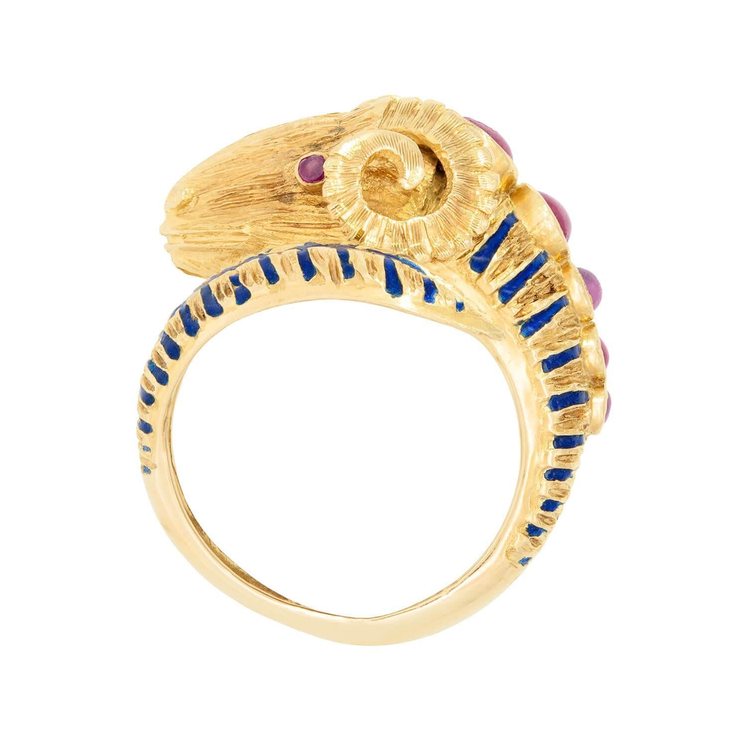 Estate Greek 18k Ruby and Enamel Ram's Head Ring In Good Condition For Sale In Narberth, PA