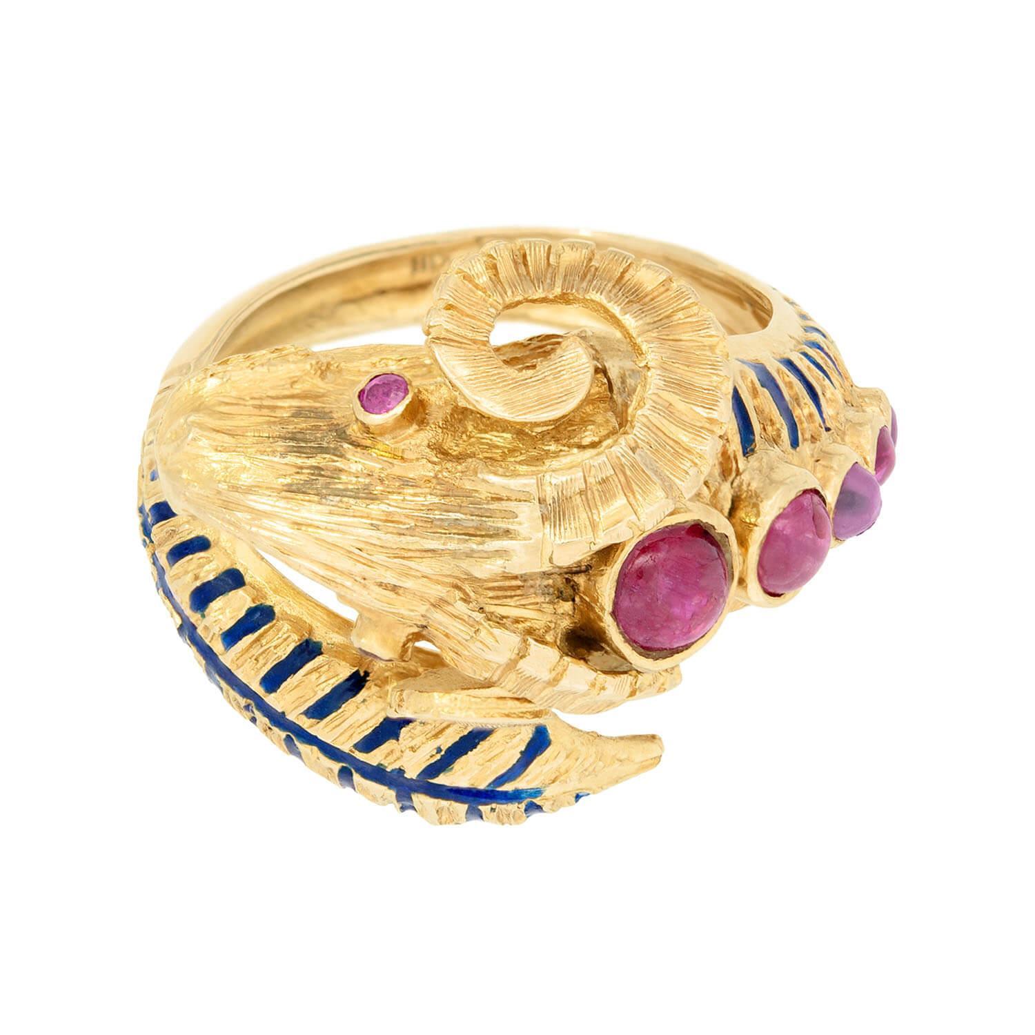 Estate Greek 18k Ruby and Enamel Ram's Head Ring For Sale 1