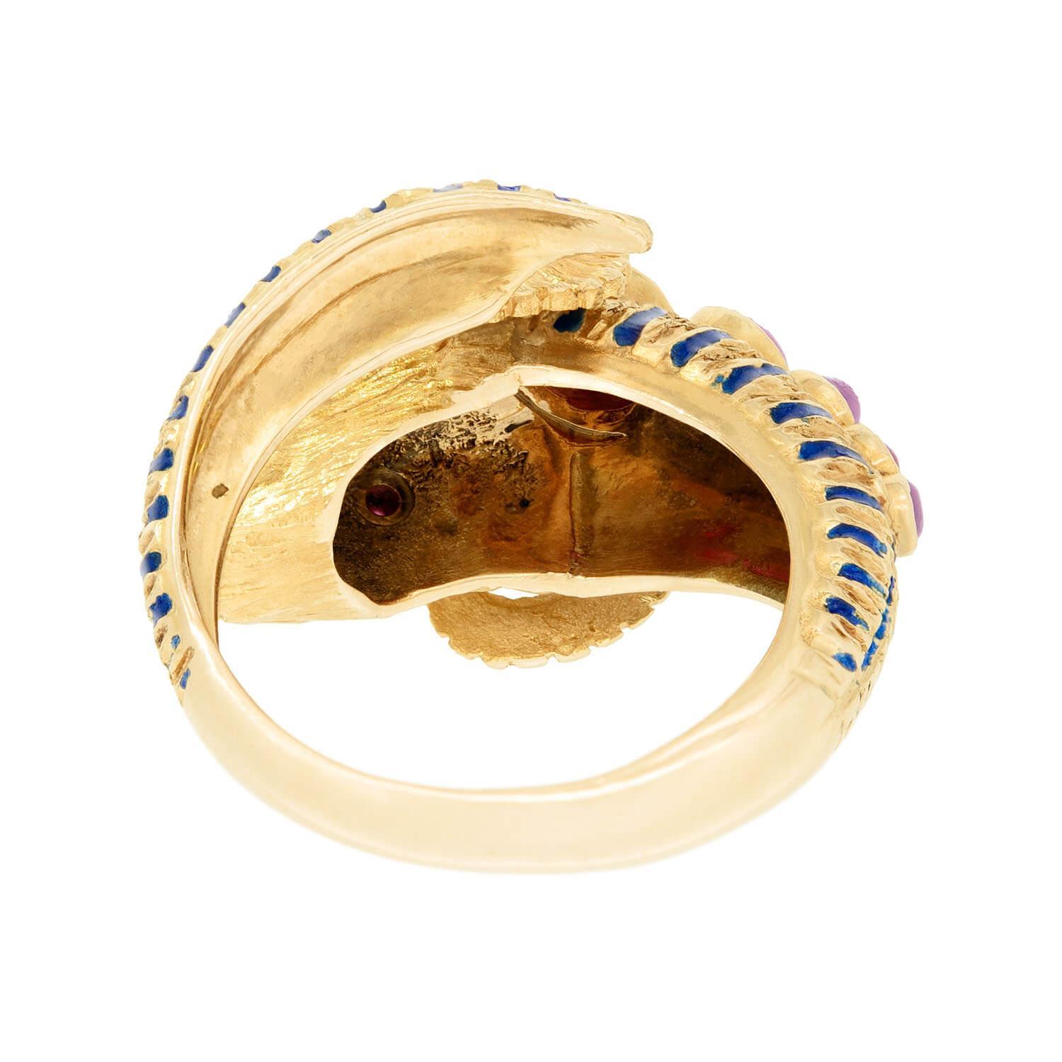 Estate Greek 18k Ruby and Enamel Ram's Head Ring For Sale 2