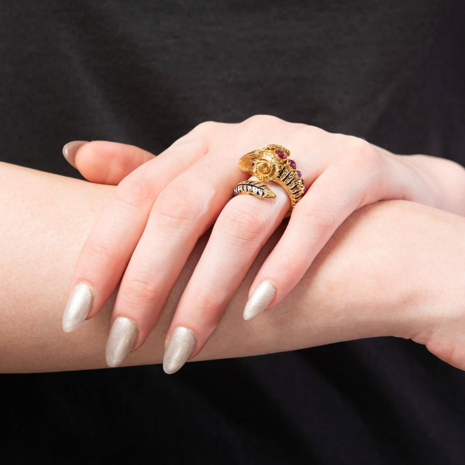 Estate Greek 18k Ruby and Enamel Ram's Head Ring For Sale 4
