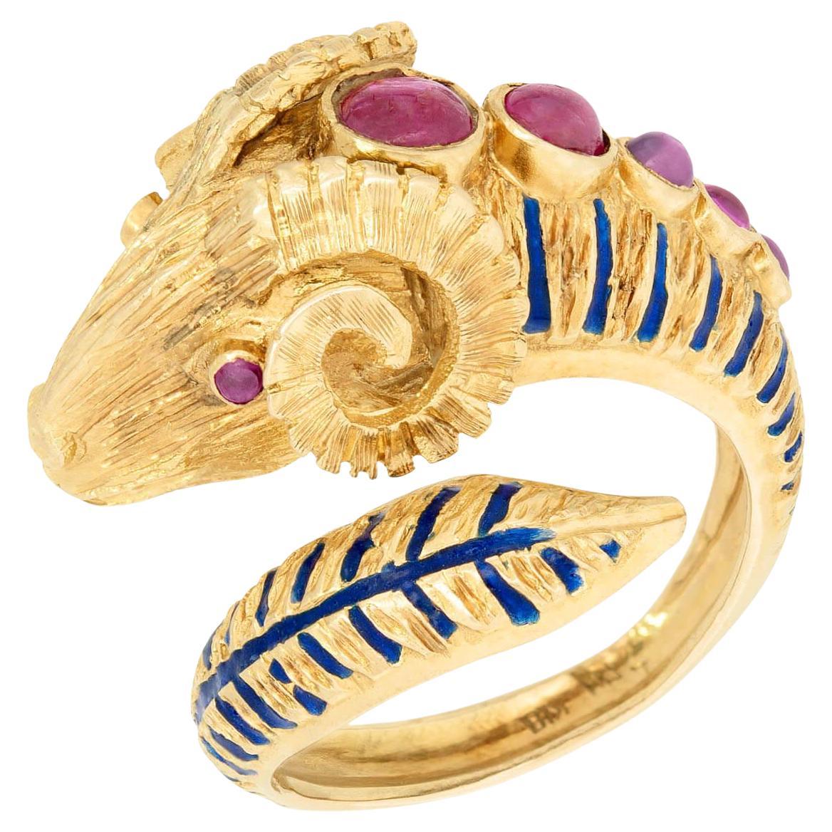 Estate Greek 18k Ruby and Enamel Ram's Head Ring