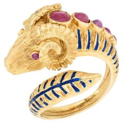 Vintage Estate Greek 18k Ruby and Enamel Ram's Head Ring
