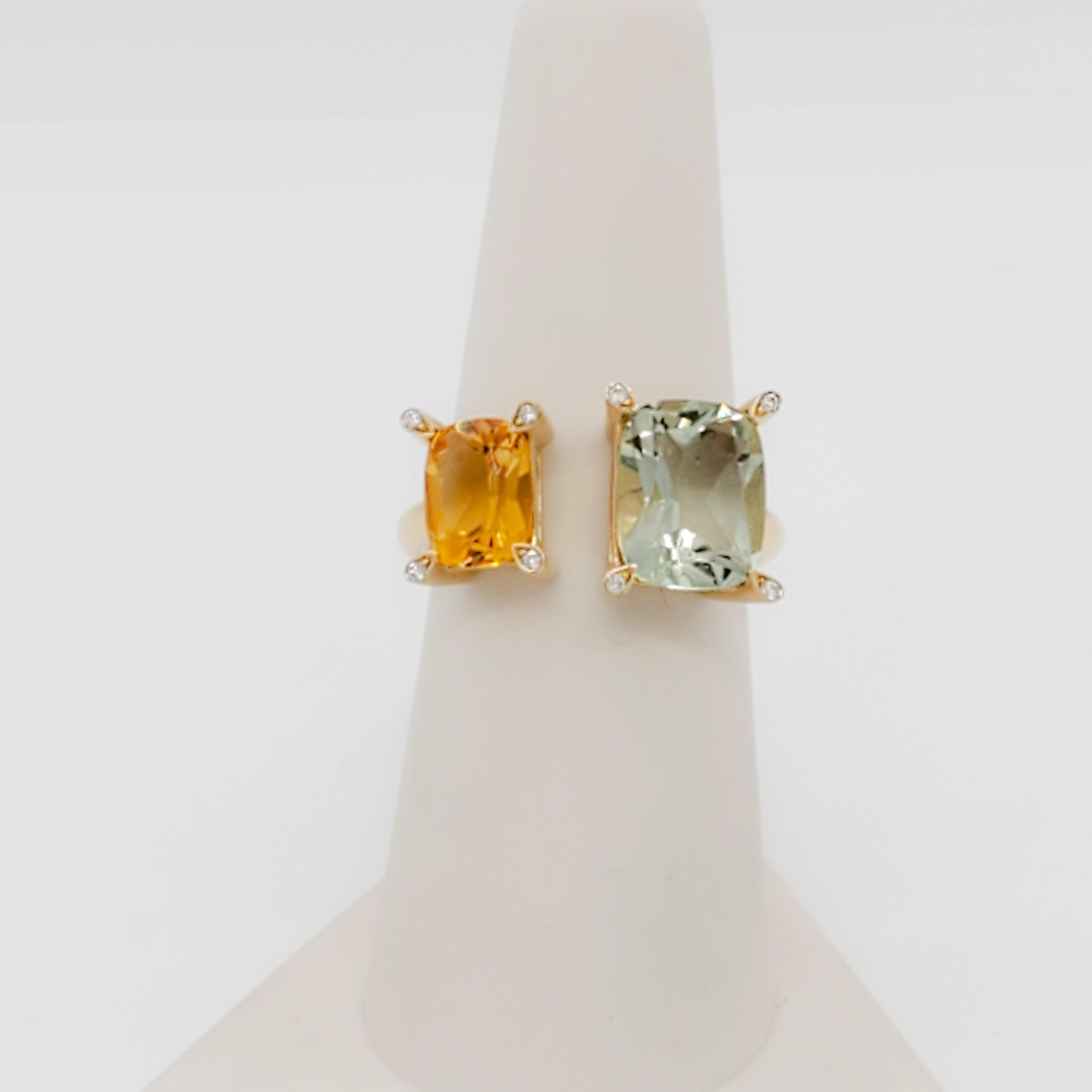 Cushion Cut  Green Amethyst, Citrine, and Diamond Cocktail Ring in 14k Yellow Gold