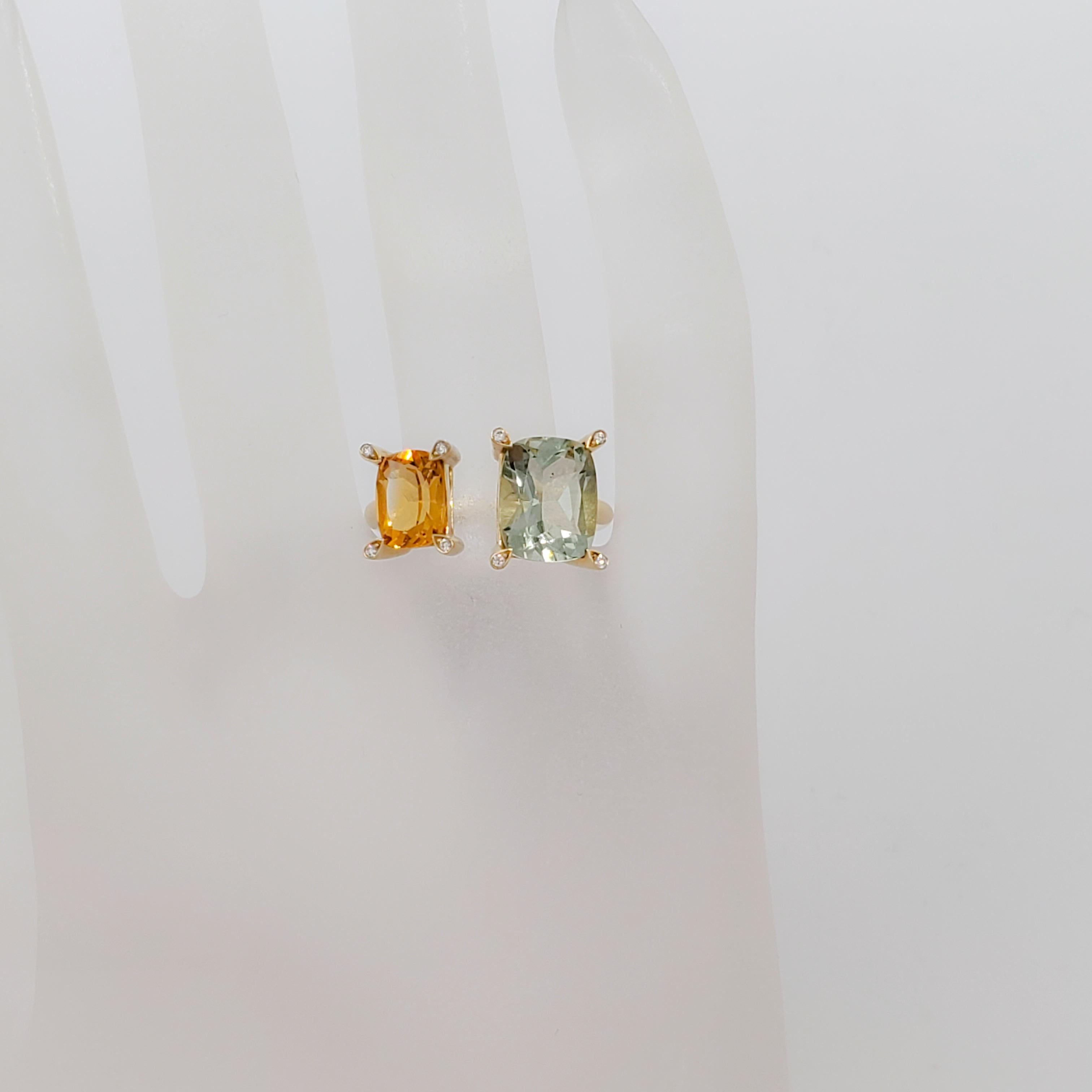 Women's or Men's  Green Amethyst, Citrine, and Diamond Cocktail Ring in 14k Yellow Gold