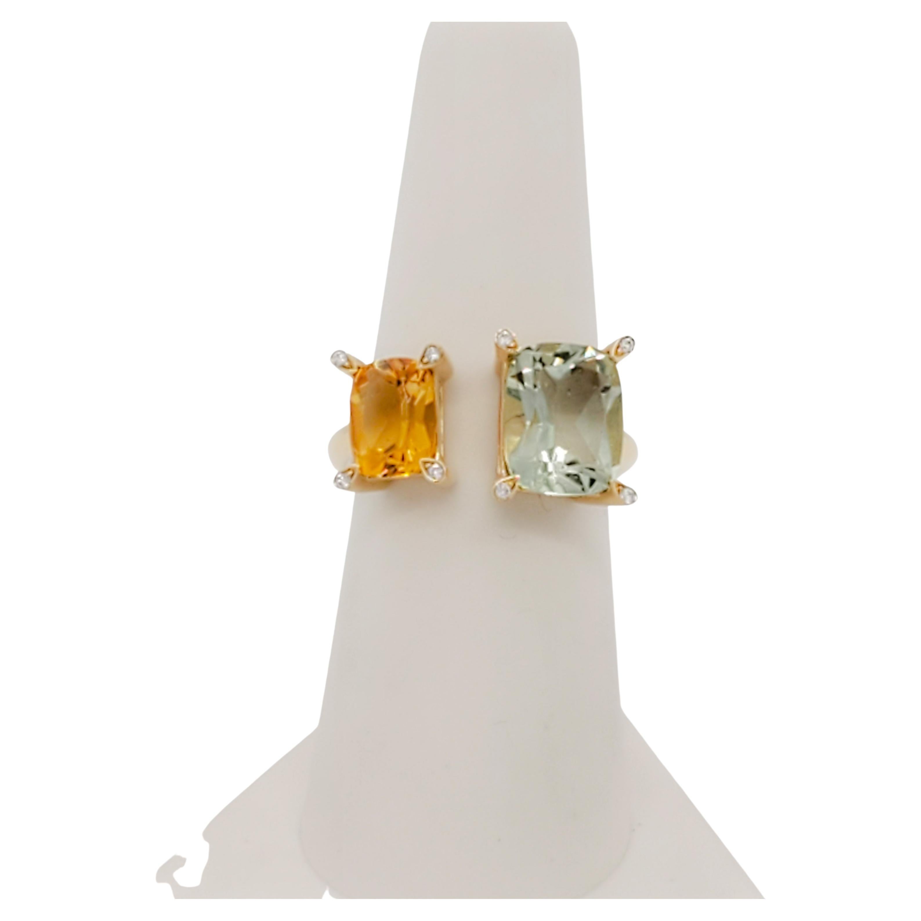  Green Amethyst, Citrine, and Diamond Cocktail Ring in 14k Yellow Gold