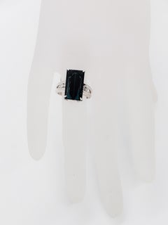 Estate Green Blue Tourmaline Emerald Cut and White Diamond Ring in Platinum