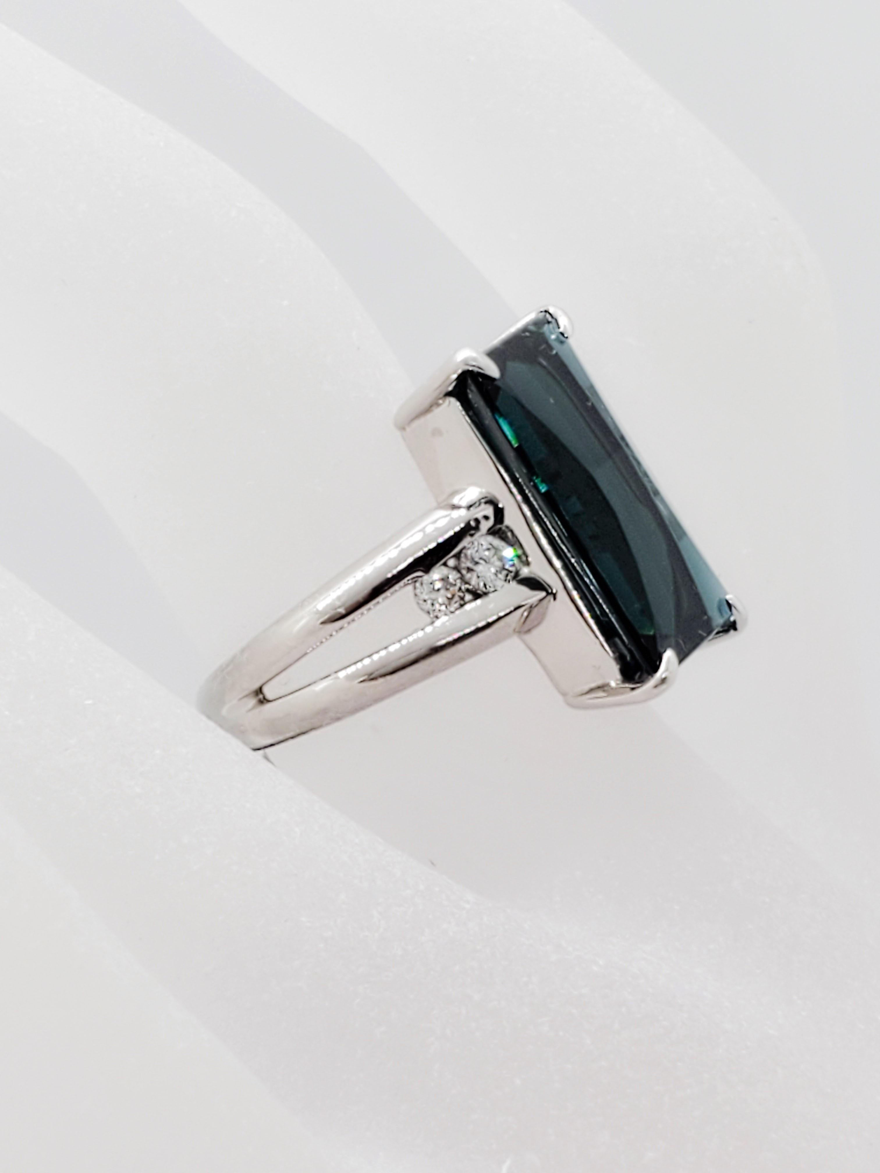 Estate Green Blue Tourmaline Emerald Cut and White Diamond Ring in Platinum In Excellent Condition In Los Angeles, CA