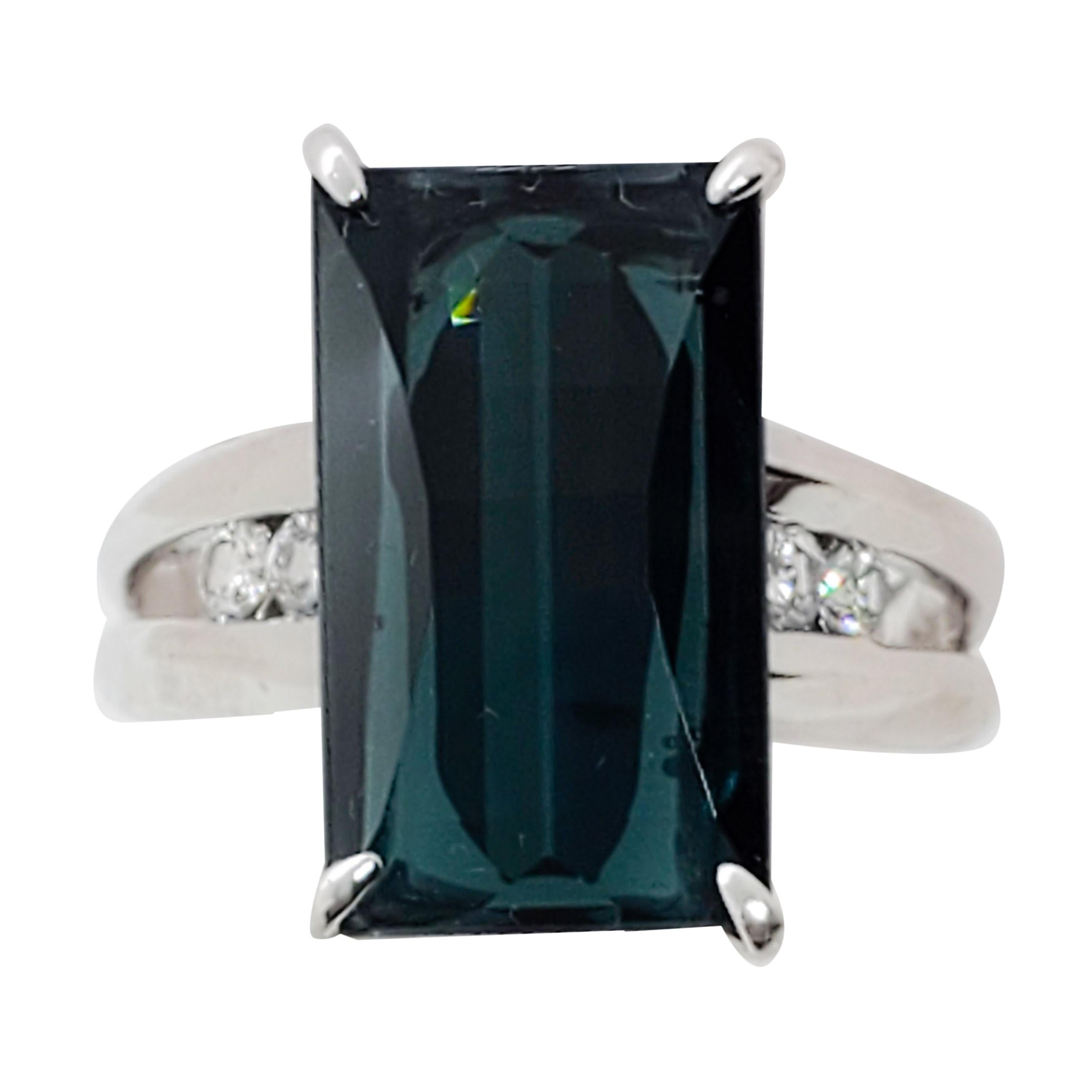 Estate Green Blue Tourmaline Emerald Cut and White Diamond Ring in Platinum