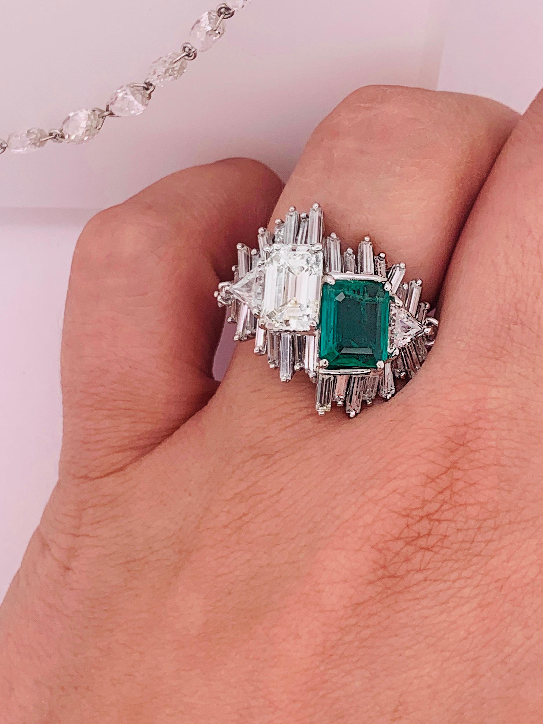 Emerald Cut Estate Green Emerald and Diamond Ring For Sale