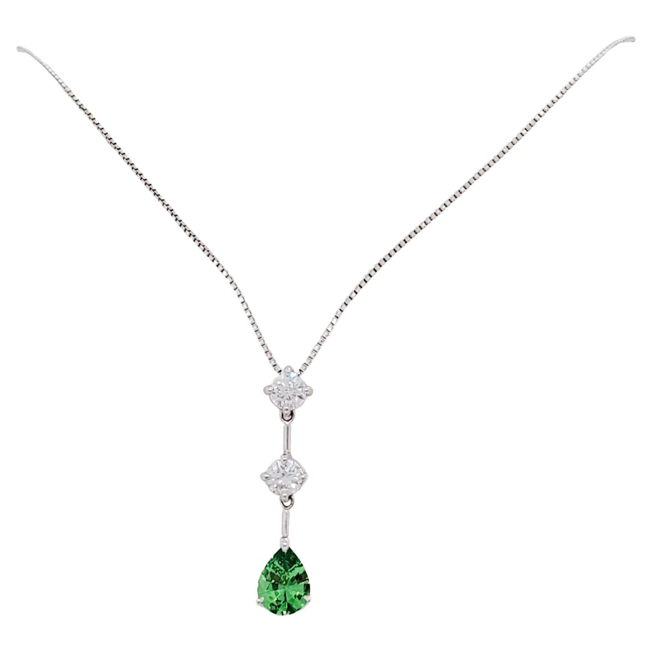 Estate Green Garnet and Diamond Pendant Necklace in Platinum