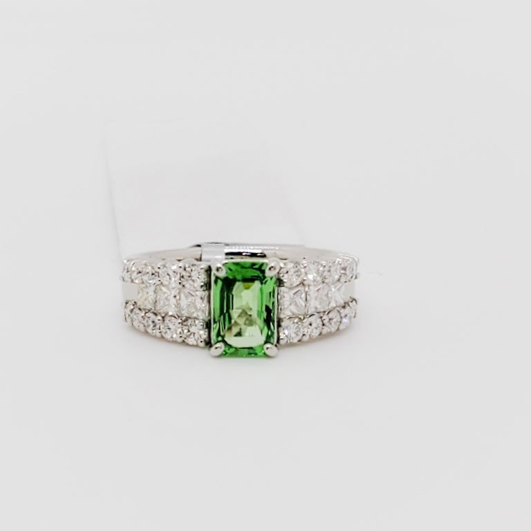 Estate Green Garnet Octagon and White Diamond Cocktail Ring in Platinum ...