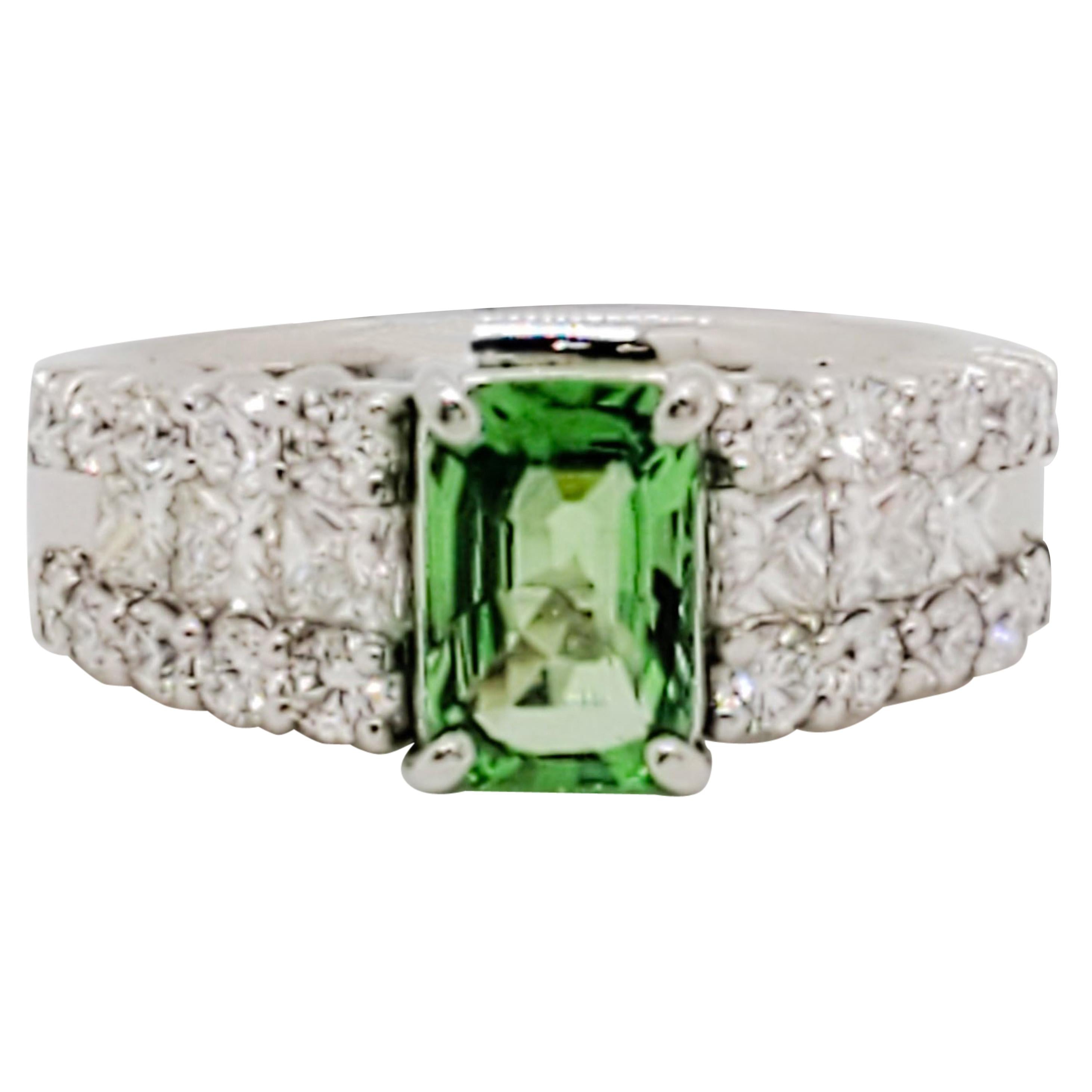 Estate Green Garnet Octagon and White Diamond Cocktail Ring in Platinum