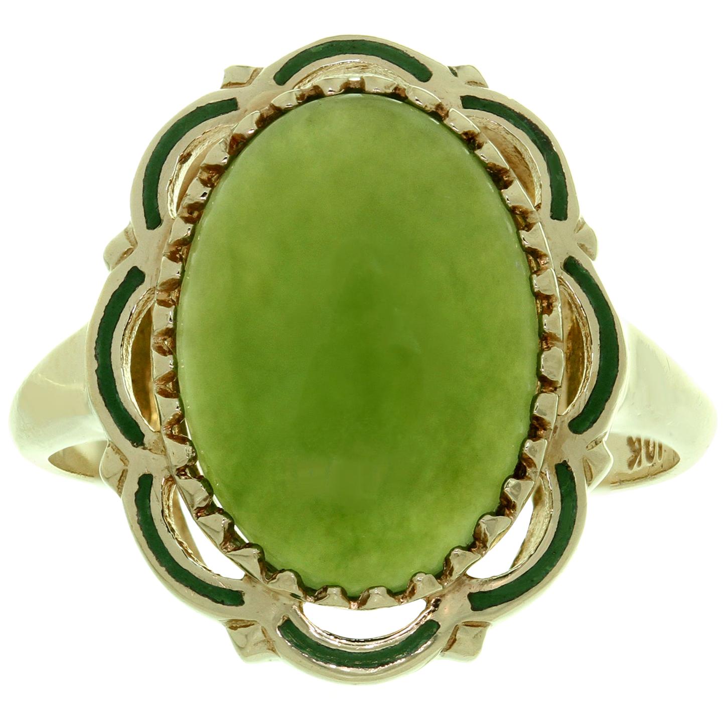 Victorian Revival Green Jade Ring 10k Yellow Gold