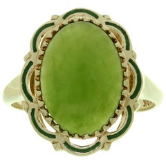 Vintage Estate Green Jade Enamel 10 Karat Yellow Gold Cocktail Ring