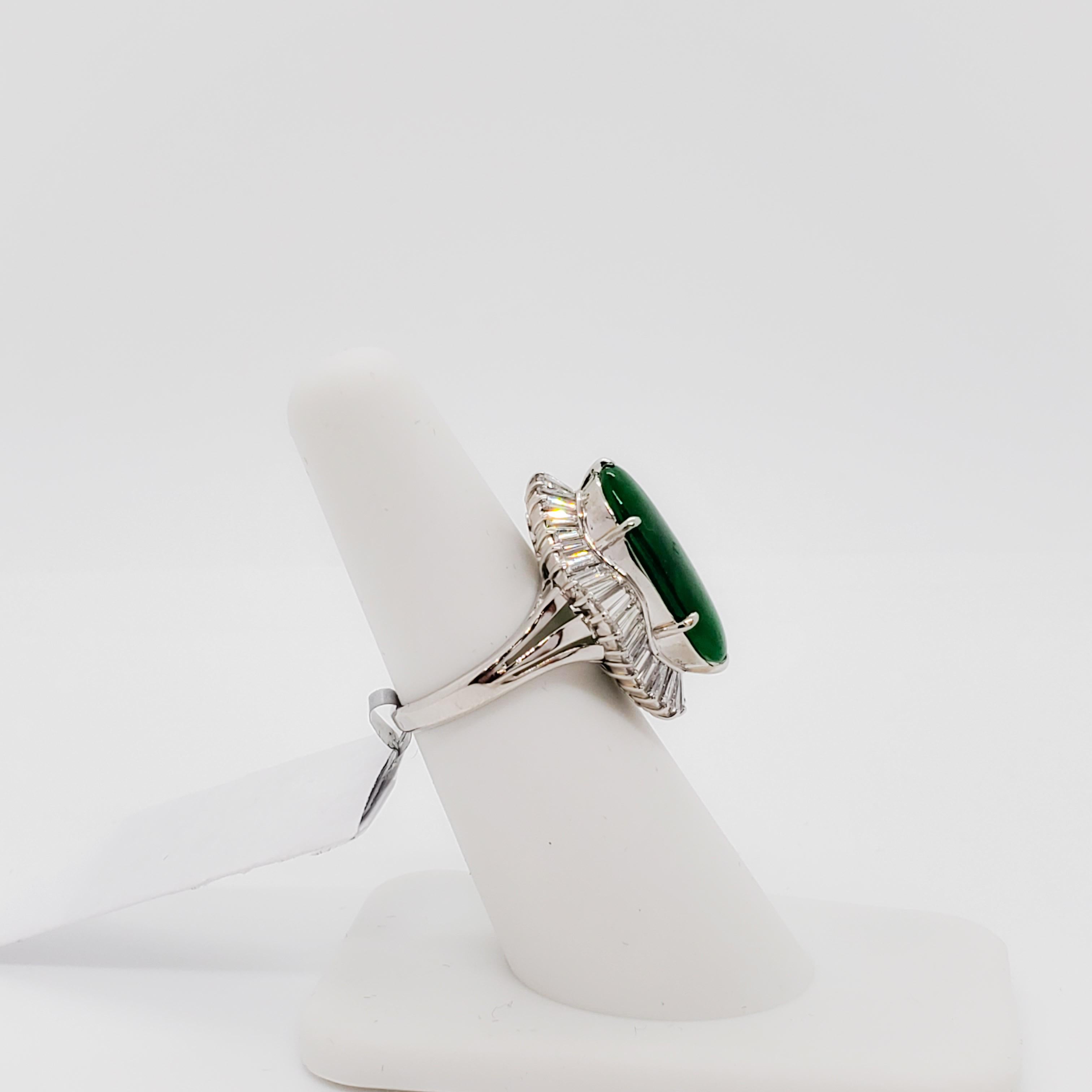 Women's or Men's Estate Green Jade Oval and White Diamond Cocktail Ring in Platinum